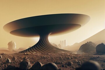 Martian mega-structure, remains of an alien civilization, alien base. 3d illustration od telecommunication alien Tower. - obrazy, fototapety, plakaty