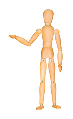 Wooden mannequin talking and explaining pose