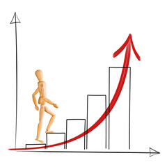 Wooden mannequin walking up chart columns, career and success concept