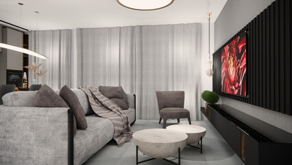 3d render of interior design - living room and kitchen design