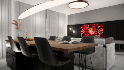 3d render of interior design - living room and kitchen design