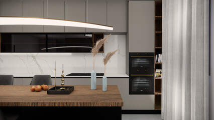 3d render of interior design - living room and kitchen design