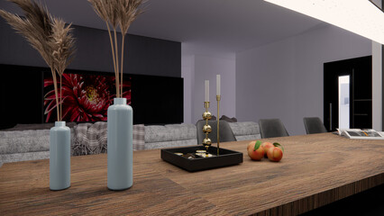 3d render of interior design - living room and kitchen design