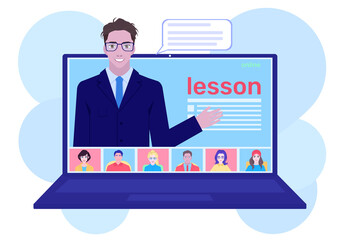 Distance lessons for school pupils or university students. Video course, web seminar, internet class, personal teacher service for home education with male mentor. Online education banner