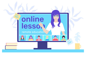 A female teacher leads an online course on a computer. Distance lessons for school pupils or university students. Video course, web seminar, internet class, personal teacher for home education.