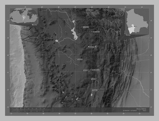 Potosi, Bolivia. Grayscale. Labelled points of cities