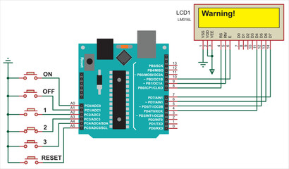 Arduino uno scheme of processing keyboard keystrokes and displaying
information on an alphanumeric lcd display. Vector drawing of a1 format.