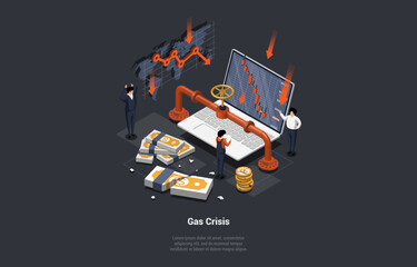 Concept Of Natural Gas Crisis, Oil Embargo, Default, Economy Crisis And Bankruptcy. Restrictions on Natural Gas Supplies, Downward Chart Arrow Falling Price. Isometric Cartoon 3D Vector illustration