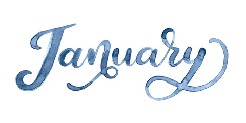 January, month of the year in watercolor and brush letters. A beautiful lettering design of the word January to use in a calendar, diary, bullet journal, annual report or planner.