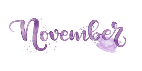 November month of the year in watercolor with splash letters and brush lettering. A beautiful lettering design of the word January to use in a calendar, journal, bullet point, annual report, or planne - obrazy, fototapety, plakaty