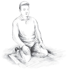 Muslim teenager praying at home. muslim young man praying sitting in prayer. Charcoal drawing.
