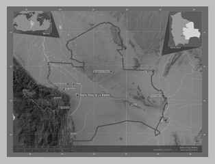 Santa Cruz, Bolivia. Grayscale. Labelled points of cities