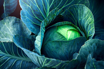 Obraz premium Fresh, white cabbage growing in a vegetable garden on a farm.