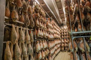 Modena, Italy - July 9, 2022: The various stages of prosciutto production in the industrial...