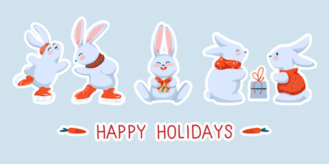 Vector collection of cute funny rabbits in winter outfit. Happy holidays card with cute character symbol of 2023 year as in Asian Zodiac. Hare sitting with gift box, skating and making presents. 