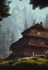 Fototapeta premium Nice wooden house on the mountain, magnificent scenery. cute house illustration