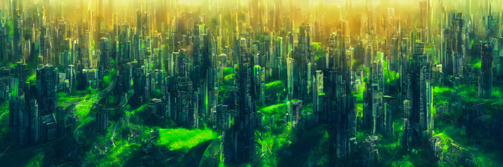 Green city of the future. Eco City of the future. Harmony of city and nature. Sunrise in the big city. Banner size