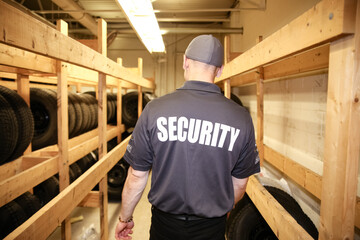 Security guard patrolling inside warehouse of tires.