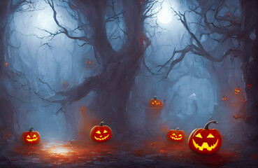 Illuminated Halloween Carved Pumpkins, head jack. Scary forest. Holiday background.