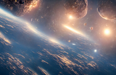 Fantastic Space background. Asteroids. Planets. Stars. Space ships