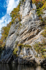 Geibi Gorge ( Geibikei ) Autumn foliage scenery view in sunny day. Beautiful landscapes of magnificent fall colours in Ichinoseki, Iwate Prefecture, Japan