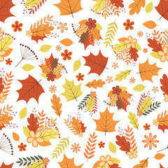 Autumn seamless pattern. Colorful leaves, flowers, and berries. Fall vector background. Perfect for wrapping paper, fabric, etc