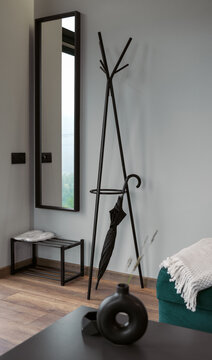 Modern Clothes Hanger Stand And Mirror In Modern House Entrance Way