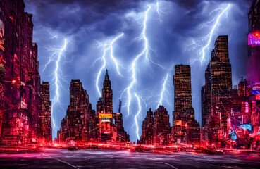 Fototapeta na wymiar Lightning strikes over the skyline of fantasy city