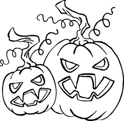 Halloween pumpkin monster head hand drawn illustration. Big round orange pumpkin. Cute and scary face ghost. Poster print design, party decoration, invitation deco. Vector drawing.