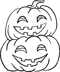 Halloween pumpkin monster head hand drawn illustration. Big round orange pumpkin. Cute and scary face ghost. Poster print design, party decoration, invitation deco. Vector drawing.