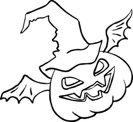 Halloween pumpkin monster head hand drawn illustration. Big round orange pumpkin. Cute and scary face ghost. Poster print design, party decoration, invitation deco. Vector drawing.