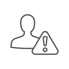 Invalid user profile. Important Caution notice of personal fake account. Internet person id and fraud risk data alert. Male User warning icon. Vector illustration filled outline style. EPS10