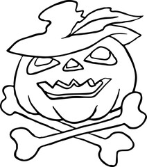 Halloween pumpkin monster head hand drawn illustration. Big round orange pumpkin. Cute and scary face ghost. Poster print design, party decoration, invitation deco. Vector drawing.