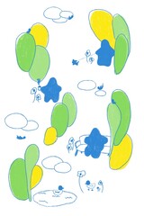 People at a park simple vector illustration. Walking a dog, holding coffee, sitting on a park bench and ducks in a pond. 