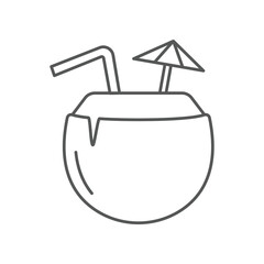 Obraz premium Coconut cocktail with umbrella and straw. Summer cocktail coconut milk drink juice with garnish. Fresh coco milk beverage in beach vacation icon. Vector illustration filled outline style. EPS10