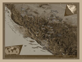 Federacija Bosna i Hercegovina, Bosnia and Herzegovina. Sepia. Labelled points of cities