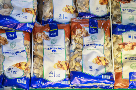 Frozen mushroom mix on the store shelf. Illustrative editorial. May 12, 2022 Beltsy Moldova
