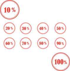 Set of percentage icons 10% 2% 30% 40% 50% 60% 70% 80% 90% 100% in the center of a red circle professionally on a white background
