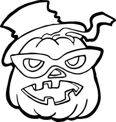 Halloween pumpkin monster head hand drawn illustration. Big round orange pumpkin. Cute and scary face ghost. Poster print design, party decoration, invitation deco. Vector drawing.