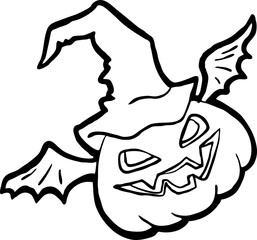 Halloween pumpkin monster head hand drawn illustration. Big round orange pumpkin. Cute and scary face ghost. Poster print design, party decoration, invitation deco. Vector drawing.