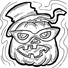 Halloween pumpkin monster head hand drawn illustration. Big round orange pumpkin. Cute and scary face ghost. Poster print design, party decoration, invitation deco. Vector drawing.