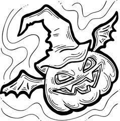 Halloween pumpkin monster head hand drawn illustration. Big round orange pumpkin. Cute and scary face ghost. Poster print design, party decoration, invitation deco. Vector drawing.