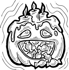 Halloween pumpkin monster head hand drawn illustration. Big round orange pumpkin. Cute and scary face ghost. Poster print design, party decoration, invitation deco. Vector drawing.