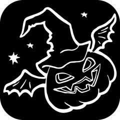 Halloween pumpkin monster head hand drawn illustration. Big round orange pumpkin. Cute and scary face ghost. Poster print design, party decoration, invitation deco. Vector drawing.