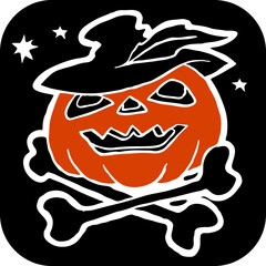 Halloween pumpkin monster head hand drawn illustration. Big round orange pumpkin. Cute and scary face ghost. Poster print design, party decoration, invitation deco. Vector drawing.