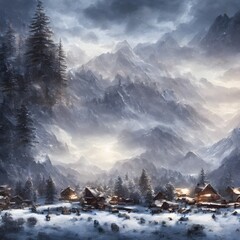 Winter village in frosty mountains, a lot of snow, wood houses