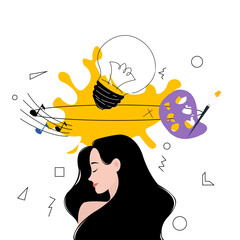 Young woman with ideas set. Idea generation, brainstorming, creativity and solution cartoon vector illustration