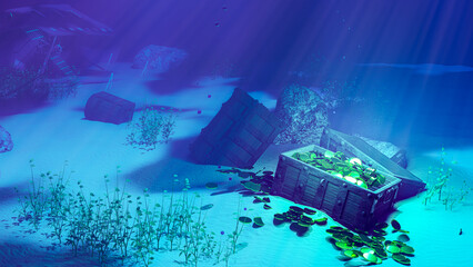 An old treasure chest full of gold coins. drowned under the sea. Undersea treasure concept, wreck, shipwreck. 3D Rendering