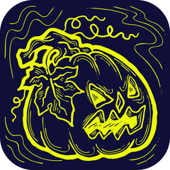 Halloween pumpkin monster head hand drawn illustration. Big round orange pumpkin. Cute and scary face ghost. Poster print design, party decoration, invitation deco. Vector drawing.