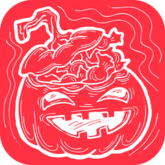 Halloween pumpkin monster head hand drawn illustration. Big round orange pumpkin. Cute and scary face ghost. Poster print design, party decoration, invitation deco. Vector drawing.